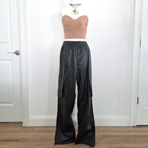 Forever 21 Black Faux Leather Cargo Pants‎ Large NWT Wide Leg Utility Grunge Y2K